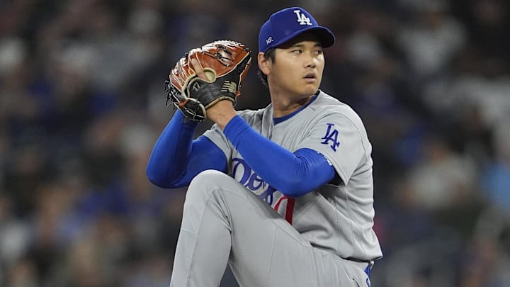 Apr 8, 2026; Toronto, Ontario, CAN; Los Angeles Dodgers starting pitcher Shohei Ohtani (17) pitches to the Toronto Blue Jays during the second inning at Rogers Centre. Mandatory Credit: John E. Sokolowski-Imagn Images