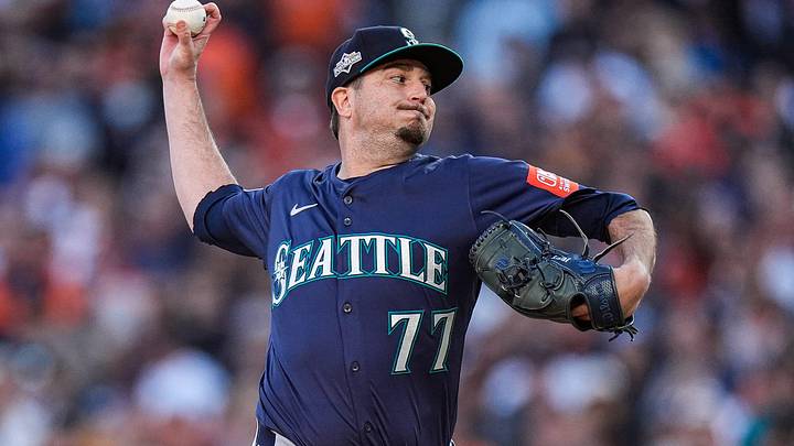 Seattle Mariners pitcher Luke Jackson (77) throws against Detroit Tigers during the eighth inning of ALDS Game 4 at Comerica Park in Detroit on Wednesday, Oct. 8, 2025.