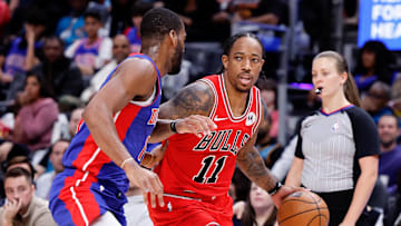 Oct 28, 2023; Detroit, Michigan, USA;  Chicago Bulls forward DeMar DeRozan (11) dribbles the ball as