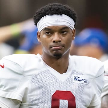 Aug 2, 2025; Glendale, AZ, USA; Arizona Cardinals cornerback Will Johnson (0) during the Red and White practice in training camp at State Farm Stadium. Mandatory Credit: Mark J. Rebilas-Imagn Images