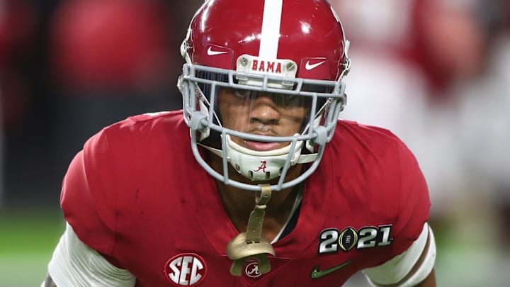 Jan 11, 2021; Miami Gardens, Florida, USA; Alabama Crimson Tide defensive back Patrick Surtain II (2) against the Ohio State Buckeyes in the 2021 College Football Playoff National Championship Game. Mandatory Credit: Mark J. Rebilas-Imagn Images