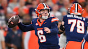 Nov 30, 2024; Syracuse, New York, USA; Syracuse Orange quarterback Kyle McCord (6) passes the ball against the Miami Hurricanes during the first half at the JMA Wireless Dome. Mandatory Credit: Rich Barnes-Imagn Images