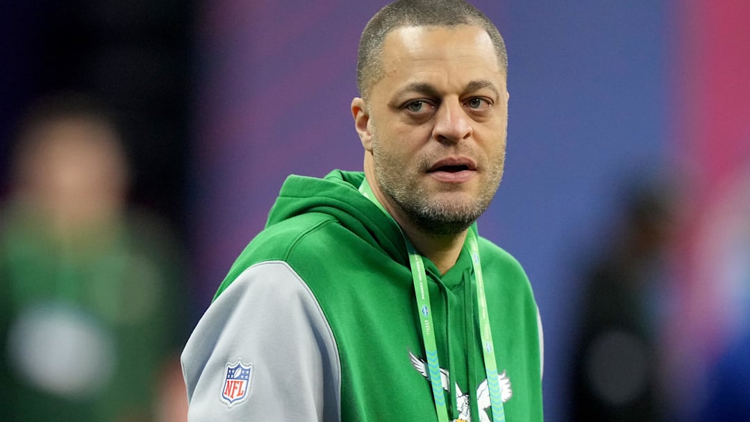 Mar 2, 2024; Indianapolis, IN, USA; Philadelphia Eagles wide receivers coach Aaron Moorehead during the 2024 NFL Combine at Lucas Oil Stadium. Mandatory Credit: Kirby Lee-Imagn Images
