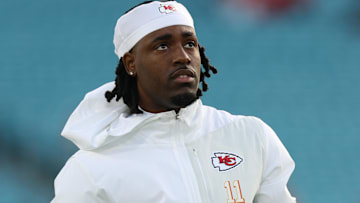 Oct 6, 2025; Jacksonville, Florida, USA; Kansas City Chiefs wide receiver Jalen Royals (11) warms up before a game against the Jacksonville Jaguars at EverBank Stadium.