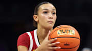 Nov 9, 2025; Charlotte, North Carolina, USA; Southern California Trojans guard Jazzy Davidson (9) makes a free throw against the NC State Wolfpack during the third quarter of the Ally Tipoff game at Spectrum Center. Mandatory Credit: Cory Knowlton-Imagn Images