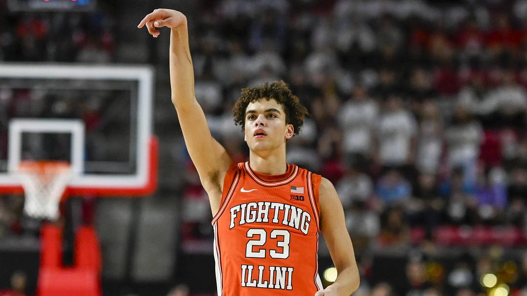 Mar 8, 2026; College Park, Maryland, USA;  Illinois Fighting Illini guard Keaton Wagler (23) reacts after shooting a three point basket during the first  half against the Maryland Terrapins at Xfinity Center. Mandatory Credit: Tommy Gilligan-Imagn Images