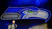 Apr 28, 2022; Las Vegas, NV, USA; NFL commissioner Roger Goodell announces Mississippi State offensive tackle Charles Cross as the ninth overall pick to the Seattle Seahawks during the first round of the 2022 NFL Draft at the NFL Draft Theater. 