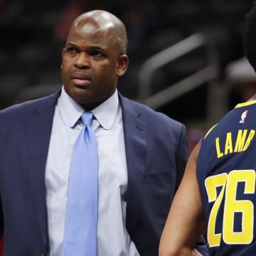 Dec 6, 2019; Detroit, MI, USA; Indiana Pacers head coach Nate McMillan looks on during the third quarter against the Detroit Pistons at Little Caesars Arena. Mandatory Credit: Raj Mehta-USA TODAY Sports