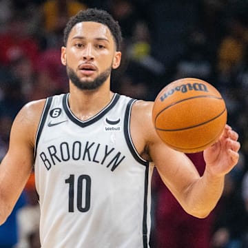 Nov 25, 2022; Indianapolis, Indiana, USA; Brooklyn Nets guard Ben Simmons (10) dribbles the ball in the second quarter against the Indiana Pacers at Gainbridge Fieldhouse. Mandatory Credit: Trevor Ruszkowski-Imagn Images