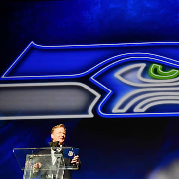 Apr 28, 2022; Las Vegas, NV, USA; NFL commissioner Roger Goodell announces Mississippi State offensive tackle Charles Cross as the ninth overall pick to the Seattle Seahawks during the first round of the 2022 NFL Draft at the NFL Draft Theater. 