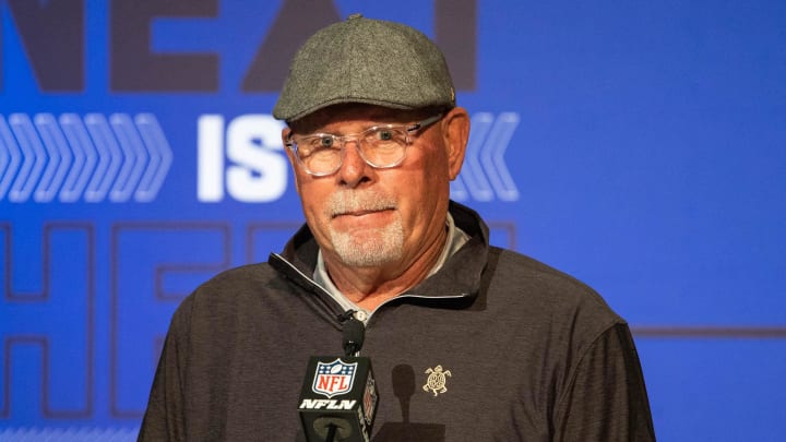 Mar 1, 2022; Indianapolis, IN, USA; Tampa Bay Buccaneers head coach Bruce Arians talks to the media during the 2022 NFL Combine. Mandatory Credit: Trevor Ruszkowski-USA TODAY Sports