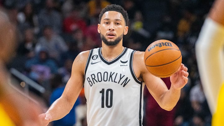 Nov 25, 2022; Indianapolis, Indiana, USA; Brooklyn Nets guard Ben Simmons (10) dribbles the ball in the second quarter against the Indiana Pacers at Gainbridge Fieldhouse. Mandatory Credit: Trevor Ruszkowski-Imagn Images