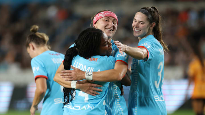 Chicago Red Stars forward Ludmila (14) celebrates scoring during the first half against the Houston Dash at Shell Energy Stadium