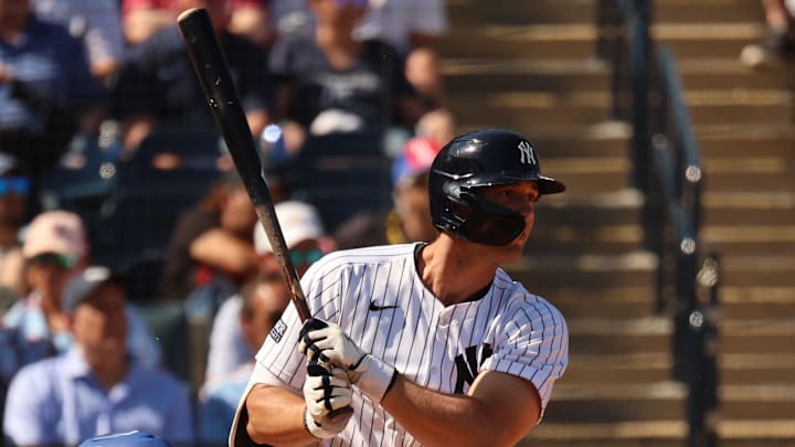 Feb 25, 2024; Tampa, Florida, USA; New York Yankees	outfielder Spencer Jones (78) singles during the fourth inning against the Toronto Blue Jays at George M. Steinbrenner Field. Mandatory Credit: Kim Klement Neitzel-Imagn Images