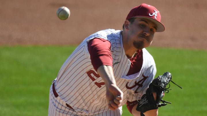 Feb 18, 2023; Bessemer, AL, USA; Alabama pitcher Ben Hess (27) delivers a pitch as the Crimson Tide faced Richmond in the season-opening series. Feb 18, 2023; Bessemer, AL, USA; Alabama pitcher Ben Hess (27) delivers a pitch as the Crimson Tide faced Richmond in the season-opening series.