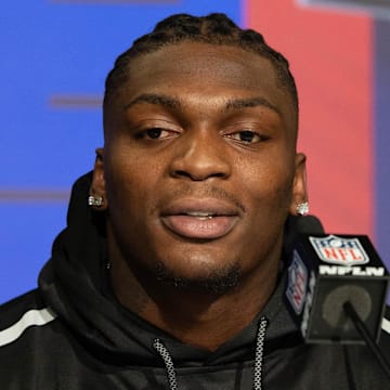 Oklahoma defensive lineman Perrion Winfrey talks to the media during the 2022 NFL Combine.  