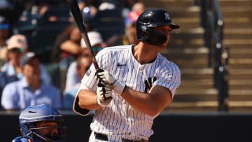 Feb 25, 2024; Tampa, Florida, USA; New York Yankees	outfielder Spencer Jones (78) singles during the fourth inning against the Toronto Blue Jays at George M. Steinbrenner Field. Mandatory Credit: Kim Klement Neitzel-USA TODAY Sports