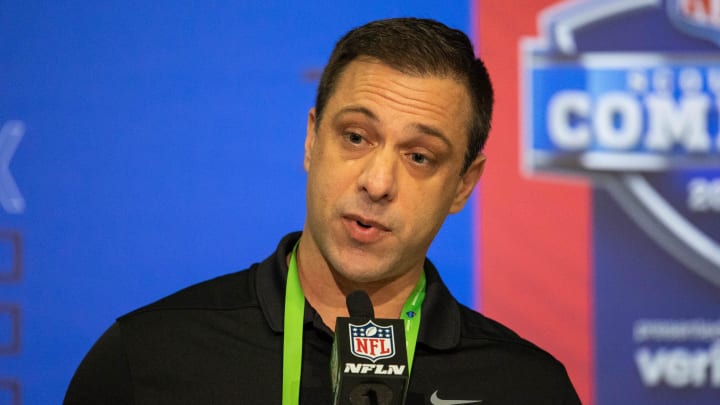 Mar 1, 2022; Indianapolis, IN, USA; Kansas City Chiefs general manager Brett Veach talks to the media during the 2022 NFL Combine. Mandatory Credit: Trevor Ruszkowski-USA TODAY Sports