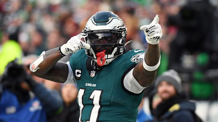 Jan 26, 2025; Philadelphia, PA, USA; Philadelphia Eagles wide receiver A.J. Brown (11) reacts after a play against the Washington Commanders during the first half in the NFC Championship game at Lincoln Financial Field. Mandatory Credit: Eric Hartline-Imagn Images Jan 26, 2025; Philadelphia, PA, USA; Philadelphia Eagles wide receiver A.J. Brown (11) reacts after a play against the Washington Commanders during the first half in the NFC Championship game at Lincoln Financial Field. Mandatory Credit: Eric Hartline-Imagn Images