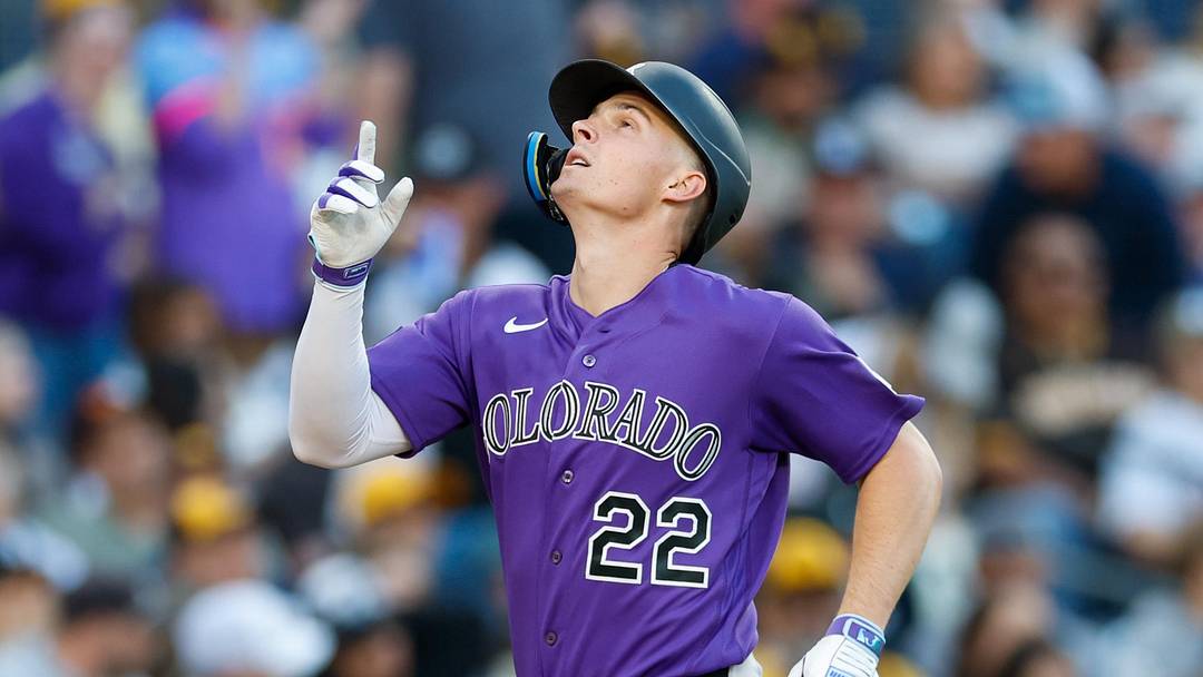 Apr 11, 2026; San Diego, California, USA; Colorado Rockies right fielder Mickey Moniak (22) celebrates after hitting a home run during the third inning against the San Diego Padres  at Petco Park. Mandatory Credit: David Frerker-Imagn Images