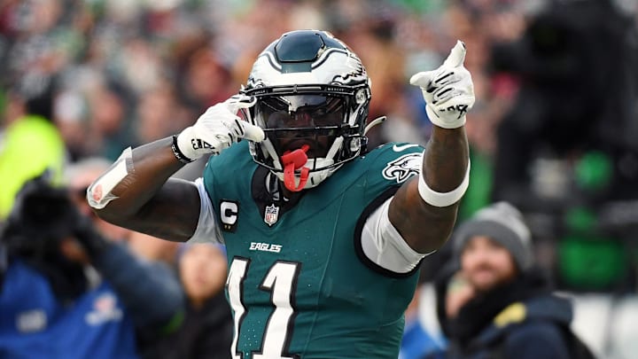Philadelphia Eagles wide receiver A.J. Brown reacts after a play against the Washington Commanders. Philadelphia Eagles wide receiver A.J. Brown reacts after a play against the Washington Commanders.