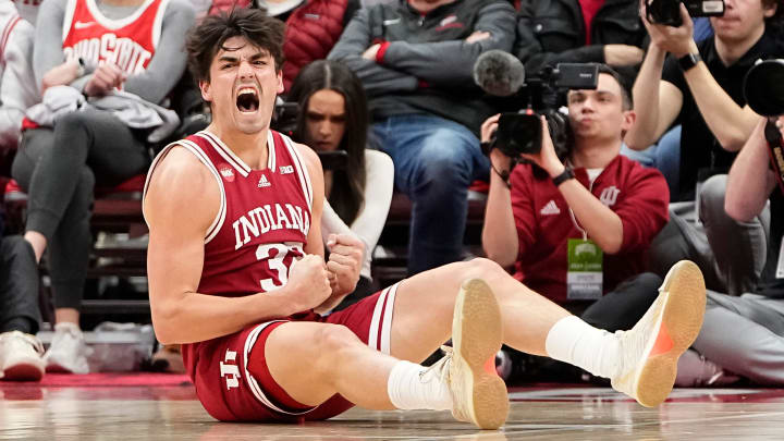 Indiana Hoosiers guard Trey Galloway (32) reacts after drawing a foul against the Ohio State Buckeyes at Value City Arena.