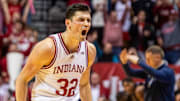 Indiana's Trey Galloway (32) celebrates against Penn State at Simon Skjodt Assembly Hall.