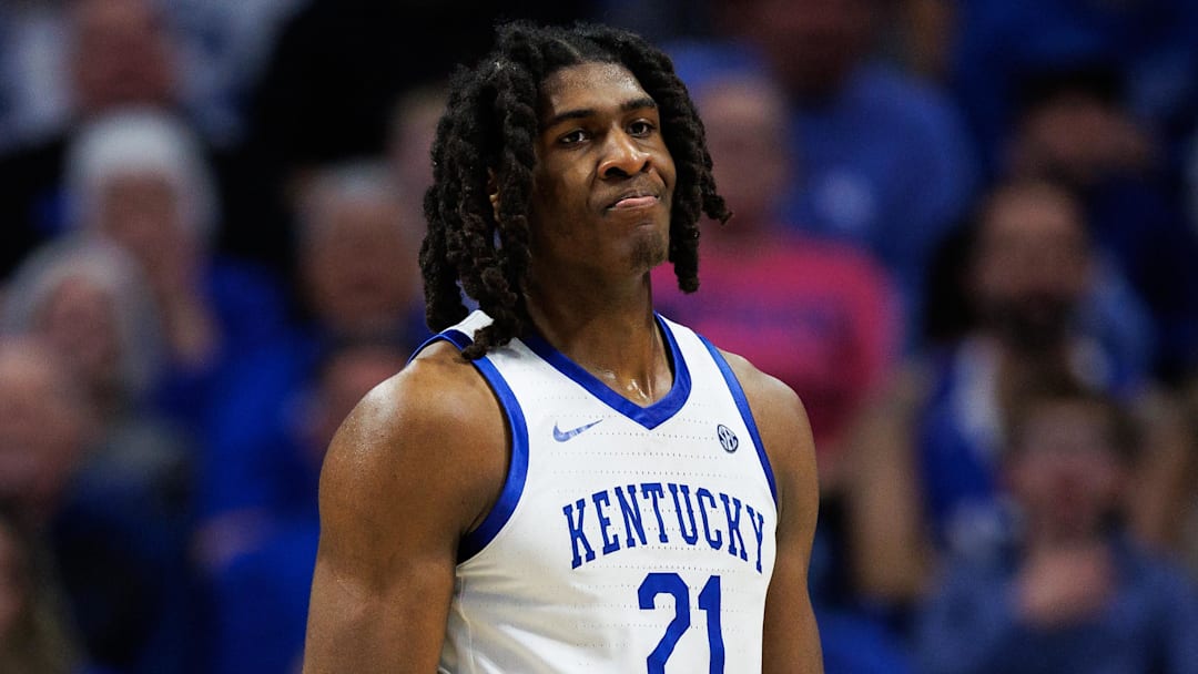 Jan 7, 2026; Lexington, Kentucky, USA; Kentucky Wildcats forward Jayden Quaintance (21) reacts after a play during the second half against the Missouri Tigers at Rupp Arena at Central Bank Center. Mandatory Credit: Jordan Prather-Imagn Images