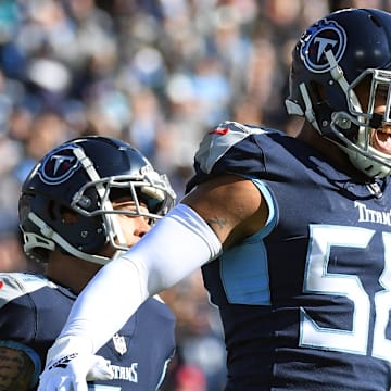 Dec 12, 2021; Nashville, Tennessee, USA; Tennessee Titans outside linebacker Harold Landry (58) celebrates after a sack during the first half against the Jacksonville Jaguars at Nissan Stadium. Mandatory Credit: Christopher Hanewinckel-Imagn Images