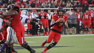 Nov 14, 2015; Lubbock, TX, USA; Texas Tech Red Raiders quarterback Patrick Mahomes (5) prepares to throw the ball against the Kansas State Wildcats in the second half at Jones AT&T Stadium. The Red Raiders won 59-44.  Mandatory Credit: Michael C. Johnson-Imagn Images