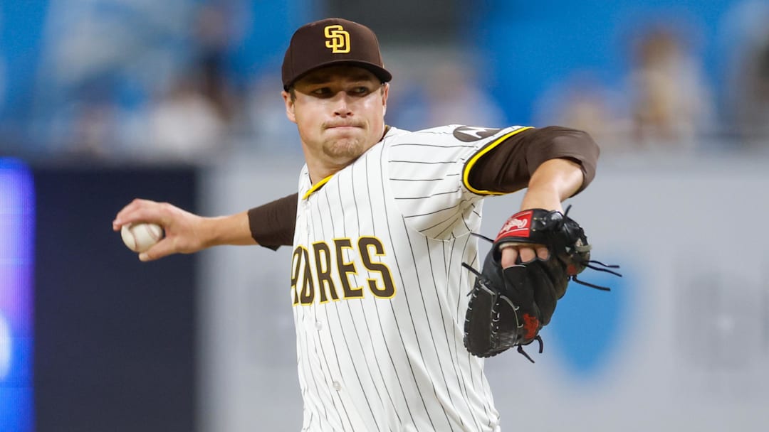 Aug 9, 2025; San Diego, California, USA; San Diego Padres relief pitcher Mason Miller (22) throws a pitch during the eighth inning against the Boston Red Sox at Petco Park. Mandatory Credit: David Frerker-Imagn Images