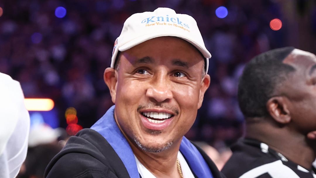 May 10, 2025; New York, New York, USA; Former NBA guard John Starks watches game three of the second round for the 2025 NBA Playoffs between the against the Boston Celtics and the against the New York Knicks at Madison Square Garden. Mandatory Credit: Wendell Cruz-Imagn Images