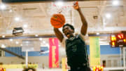 Team Oak Soldier’s AJ Dybantsa (3) dunks the ball against Team Thad during the Nike Elite Youth Basketball League session one on Saturday, April 27, 2024 at the Memphis Sports & Event Center in Memphis, Tenn.