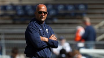 Sep 7, 2024; University Park, Pennsylvania, USA; Penn State Nittany Lions head coach James Franklin stands on the field during a warm up prior to the game against the Bowling Green Falcons at Beaver Stadium. Mandatory Credit: Matthew O'Haren-Imagn Images