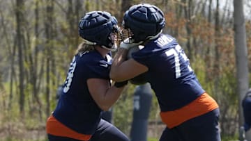 May 10, 2025; Lake Forest, IL, USA; Chicago Bears offensive lineman (75) Ozzy Trapilo and offensive lineman (78) Emmit Bohle participates in rookie minicamp at Halas Hall. Mandatory Credit: David Banks-Imagn Images