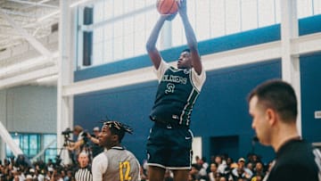 Team Oak Soldiers’ AJ Dybantsa (3) shoots the ball against Team Thad’s DeAndre Lewis (12) during the Nike Elite Youth Basketball League session one on Saturday, April 27, 2024 at the Memphis Sports & Event Center in Memphis, Tenn.