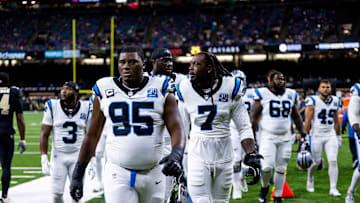 Sep 8, 2024; New Orleans, Louisiana, USA; Carolina Panthers defensive end Derrick Brown (95) walks off the field before the game against the New Orleans Saints at Caesars Superdome.