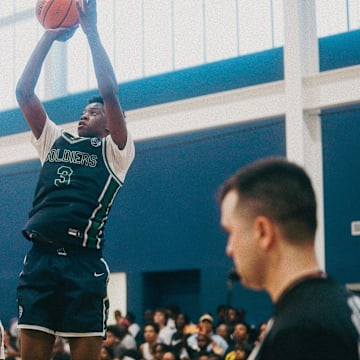 Team Oak Soldiers’ AJ Dybantsa (3) shoots the ball against Team Thad’s DeAndre Lewis (12) during the Nike Elite Youth Basketball League session one on Saturday, April 27, 2024 at the Memphis Sports & Event Center in Memphis, Tenn.