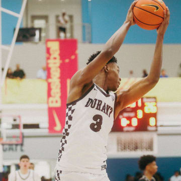 Team Durant’s Cam Ward (3) grabs a rebound during a game against Team Mokan Elite during the Nike Elite Youth Basketball League session one on Saturday, April 27, 2024 at the Memphis Sports & Event Center in Memphis, Tenn.