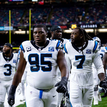 Sep 8, 2024; New Orleans, Louisiana, USA; Carolina Panthers defensive end Derrick Brown (95) walks off the field before the game against the New Orleans Saints at Caesars Superdome.