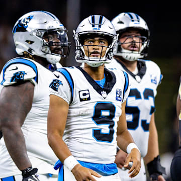 Sep 8, 2024; New Orleans, Louisiana, USA; Carolina Panthers quarterback Bryce Young (9) looks at the video boards against the New Orleans Saints during the first half at Caesars Superdome.