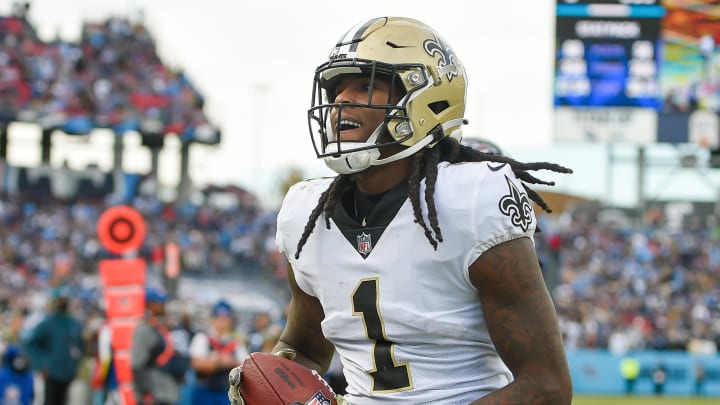 Nov 14, 2021; Nashville, Tennessee, USA;  New Orleans Saints wide receiver Marquez Callaway (1) celebrates his score against the Tennessee Titans during the second half at Nissan Stadium. Mandatory Credit: Steve Roberts-USA TODAY Sports