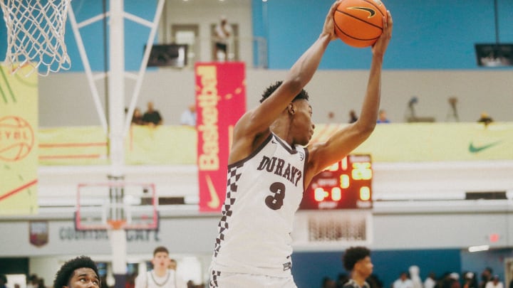 Team Durant’s Cam Ward (3) grabs a rebound during a game against Team Mokan Elite during the Nike Elite Youth Basketball League session one on Saturday, April 27, 2024 at the Memphis Sports & Event Center in Memphis, Tenn.