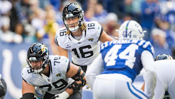 Oct 16, 2022; Indianapolis, Indiana, USA; Jacksonville Jaguars quarterback Trevor Lawrence (16)