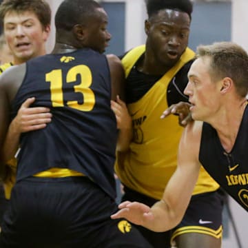 Iowa’s Payton Sandfort drives to the basket during practice Monday, July 15, 2024 in Iowa City, Iowa.