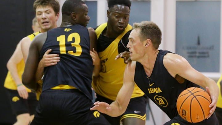 Iowa’s Payton Sandfort drives to the basket during practice Monday, July 15, 2024 in Iowa City, Iowa.