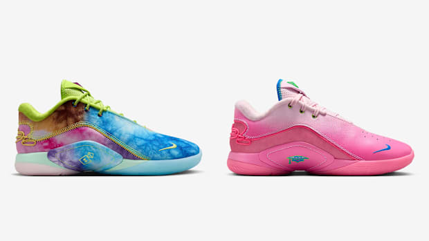 Two multi-color Nike LeBron sneakers.