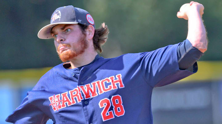 BREWSTER 08/06/21 - Harwich starter Trey Dombroski delivers against Brewster, Harwich Brewster Cape League BREWSTER 08/06/21 - Harwich starter Trey Dombroski delivers against Brewster, Harwich Brewster Cape League