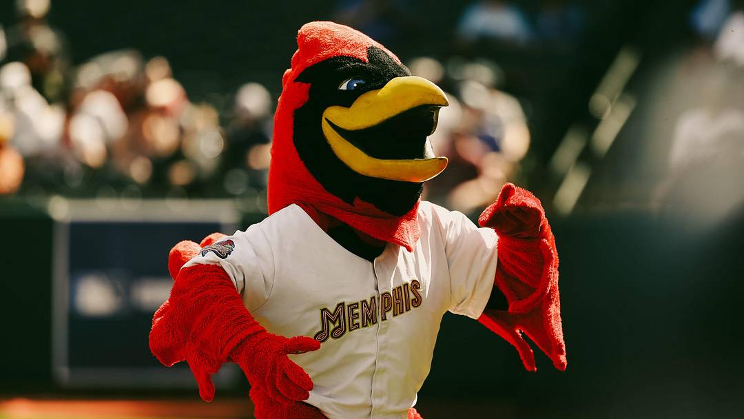 Rockey the Rockin’ Redbird looks toward fans during the opening day game between the Memphis Redbirds and the Charlotte Knights on Friday, March 29, 2024 at AutoZone Park in Memphis, Tenn.