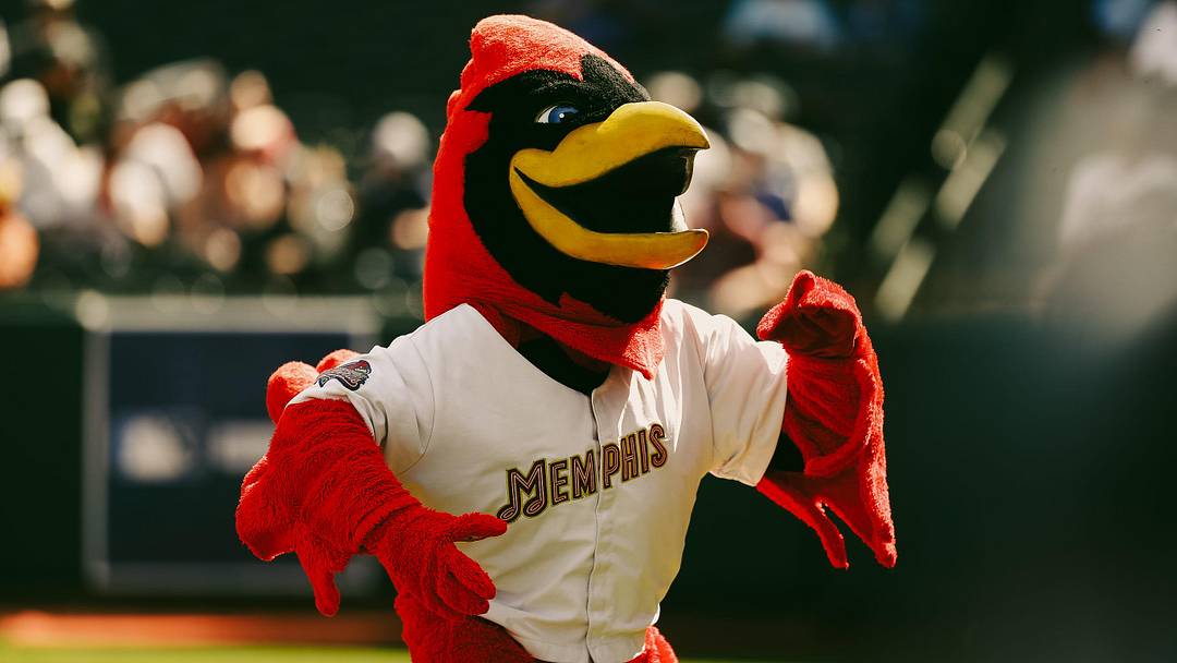 Rockey the Rockin’ Redbird looks toward fans during the opening day game between the Memphis Redbirds and the Charlotte Knights on Friday, March 29, 2024 at AutoZone Park in Memphis, Tenn.
